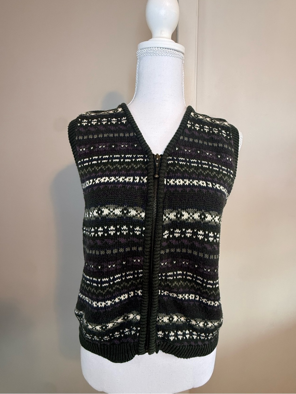Vintage Carolyn Taylor Fair Isle Full Zip Sweater Vest Size Medium M Dark Green